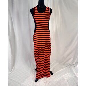 Striped Orange & Black Sleeveless Maxi Dress With Side Slits